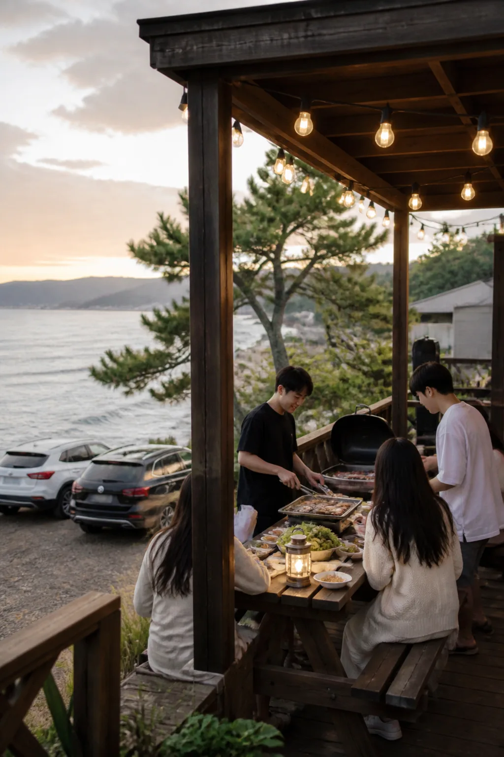 거제도펜션 야외 공용 테라스에서 해안 드라이브 후 저녁을 준비하는 여행객들