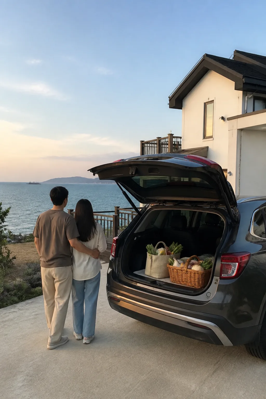 거제도 해안 드라이브 후 장바구니를 펜션으로 옮기는 여행객과 바다 풍경