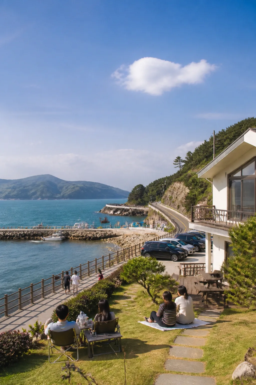 거제도펜션 주변 해안 산책로와 바다를 바라보는 여행객