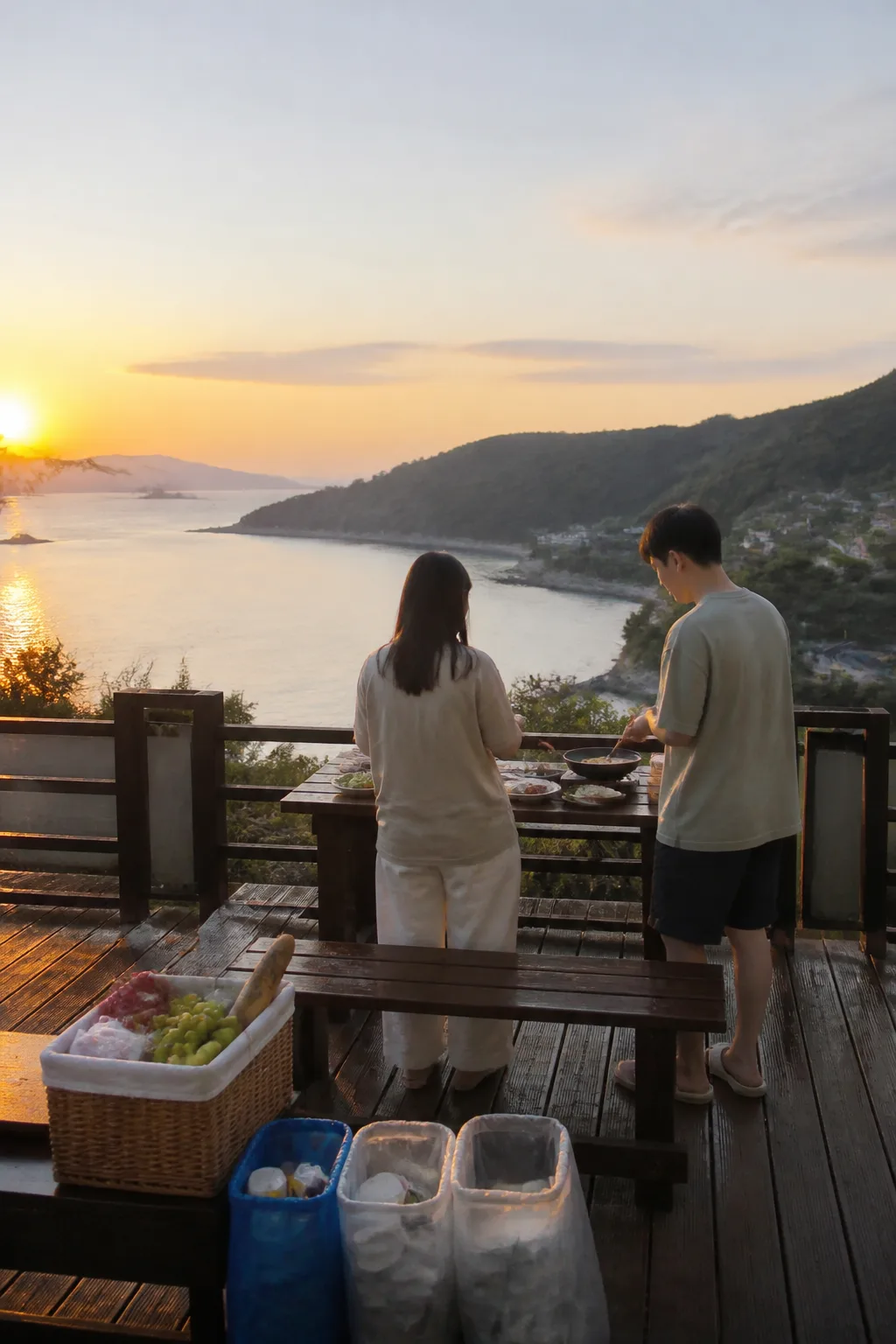 거제도펜션 테라스에서 해안 드라이브 후 저녁을 준비하며 식사와 쓰레기 정리 동선을 살펴보는 여행 장면