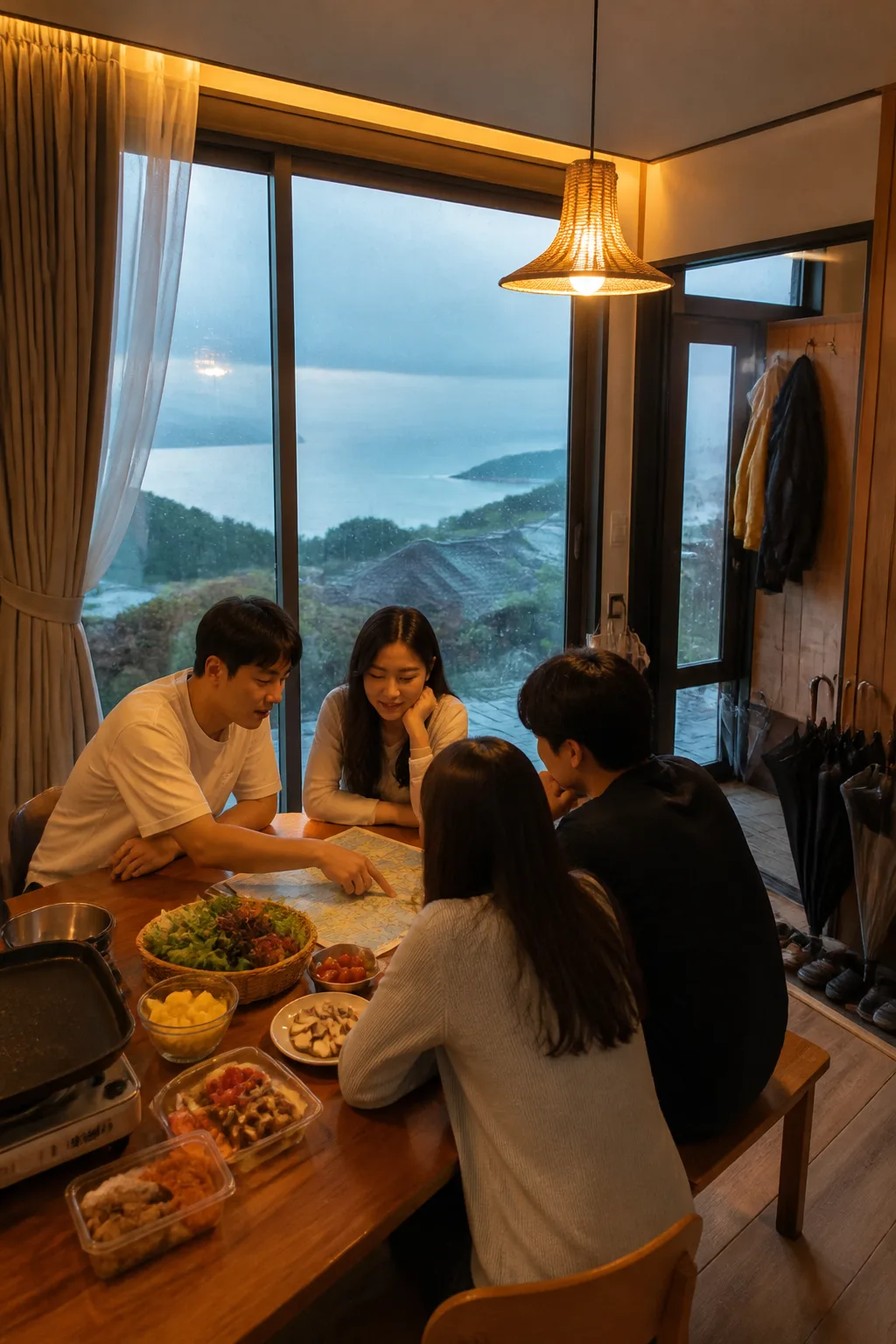 비 오는 날 거제도펜션 실내 식탁에서 쉬며 해안 드라이브 일정을 정리하는 여행객들