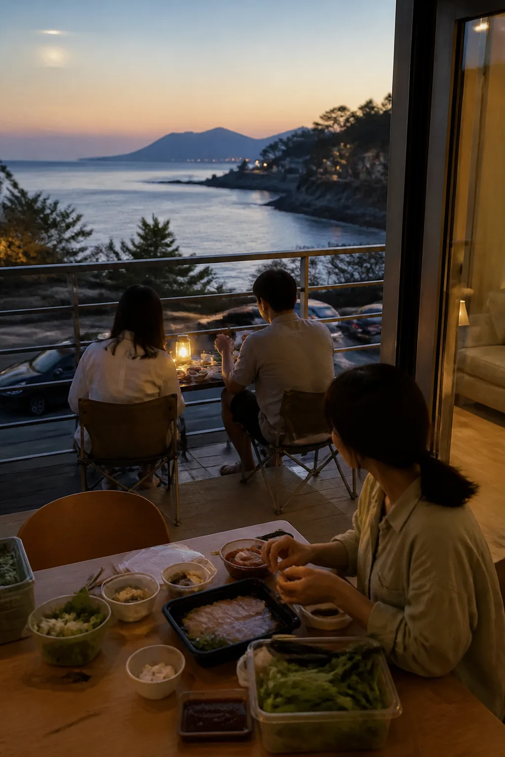 해안 드라이브 후 포장 음식과 간단한 식사를 준비하는 거제도펜션 여행 장면