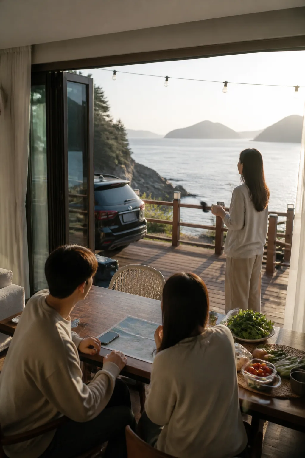 거제도 해안 드라이브 후 펜션 테라스와 주차 공간을 확인하는 여행 장면