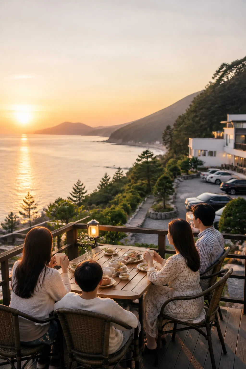 거제도 해안 드라이브 후 조용한 펜션 테라스에서 쉬는 여행객