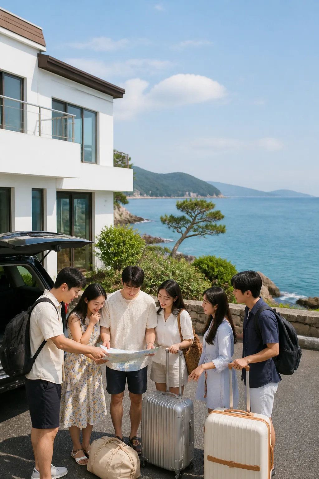 거제도 해안도로와 펜션 주차장에서 일행이 여행 동선을 확인하는 모습